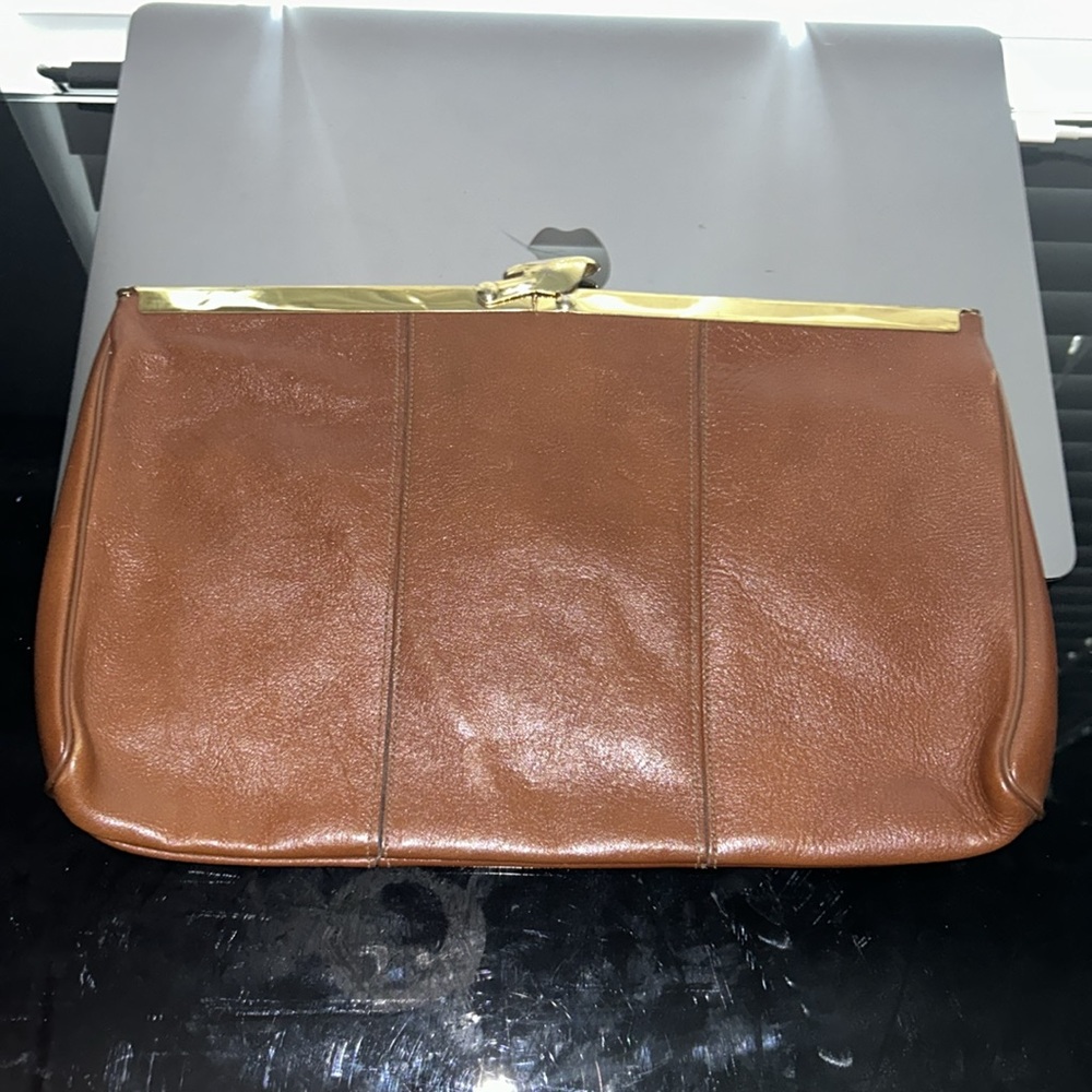 1970’s Leather Clutch Purse Pappagallo Gold Frame Handbag